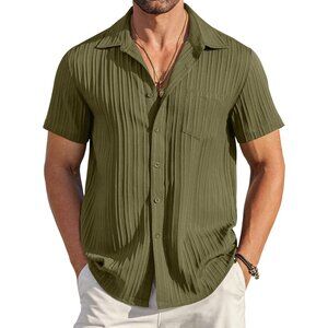 Men's Green Casual Button Down Shirts Short Sleeve Textured Summer Beach Shirt